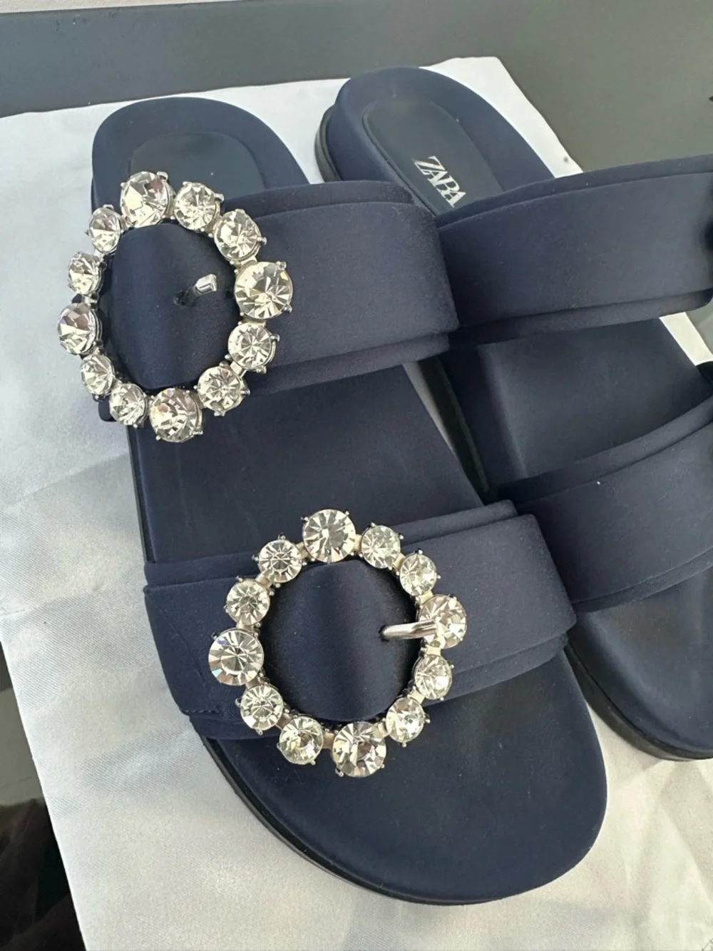 Zara Navy Satin Slide Sandals with Crystal Buckle Accents - Picture 3 of 6